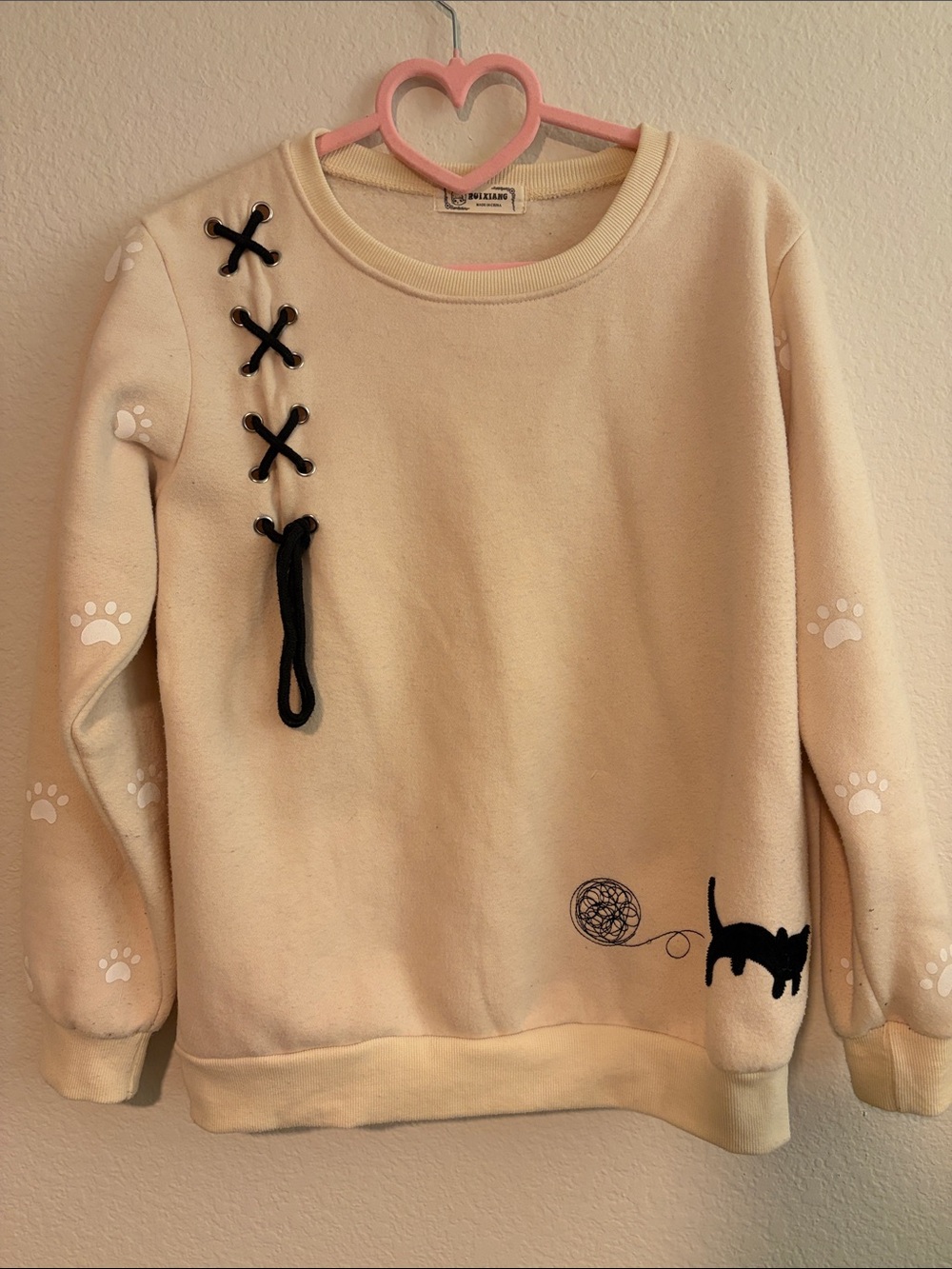 Cream Cat Paw Lace-Up Pullover Sweater